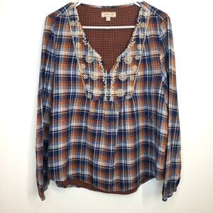 Cape Juby Plaid Embroidered Popover Top XL